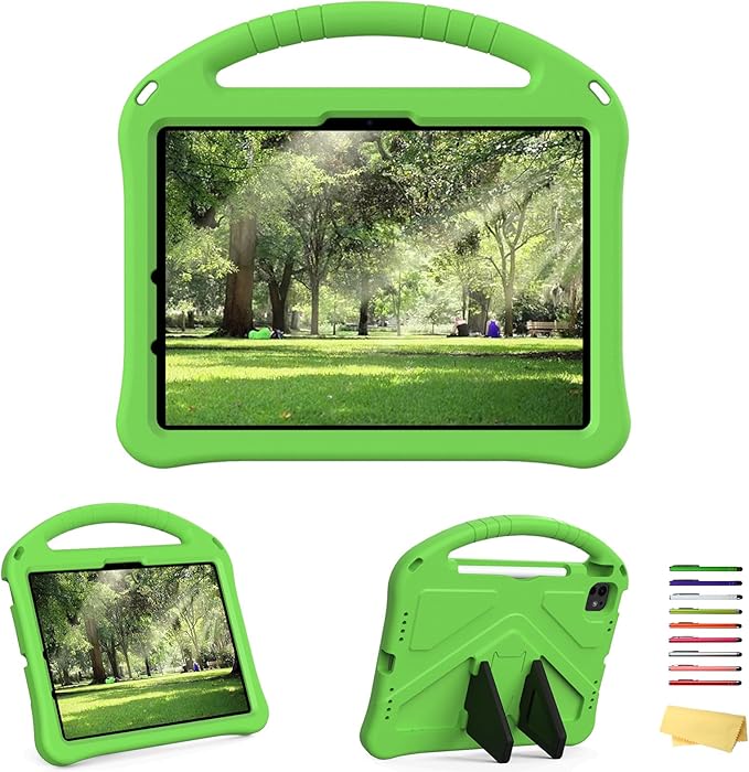 Kids Case for iPad Pro 11 inch M5/M4 (2025/2024) with Kickstand/Pencil Holder/Handle Stand Lightweight Soft EVA Foam Shockproof Heavy Duty Rugged Protection Kids Girls Boys Cover, Green