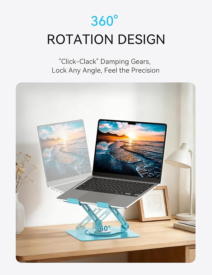 SOUNDANCE 360 Rotating Laptop Stand, Ergonomic Computer Riser for Desk, Adjustable Height Multi-Angle Metal Holder, Foldable Portable Notebook Elevating Base for Office & Home, Blue