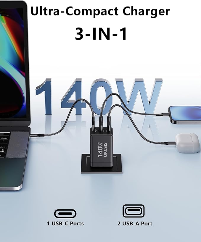 140W USB C Laptop Charger Block, Foldable 3-Port GaN Fast Charger, Type C Charging Block, Fast Charging Adapter for MacBook Pro/Air, iPad, iPhone, Samsung Galaxy (Grey)