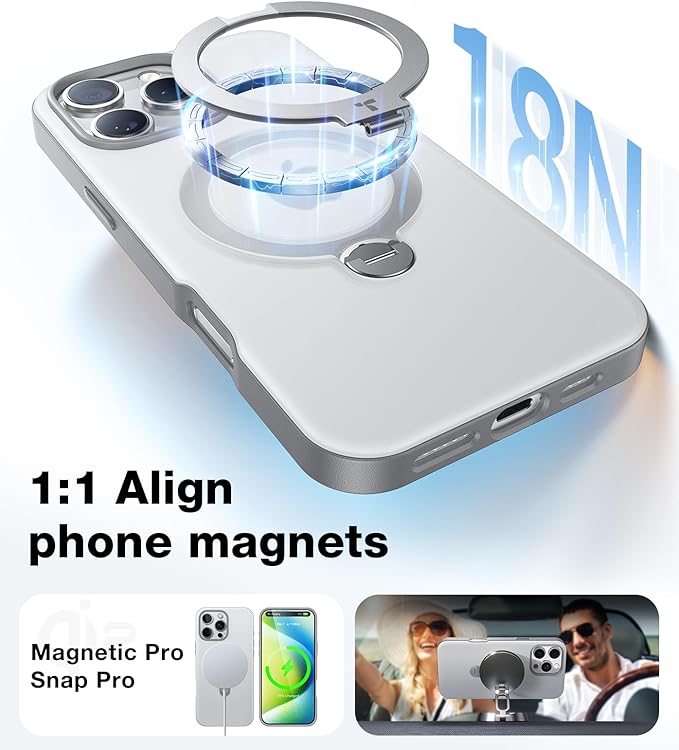 TORRAS 360 Spin Magnetic Stand for iPhone 16 Pro Max Case, Fit for MagSafe, 12FT Mil-STD Shockproof Case for 16 Pro Max Phone Case with Kickstand Rotatable, Grey, 6.9 inch