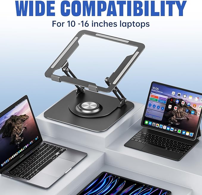 JOYEKY Laptop Stand for Desk, Adjustable Computer Stand with 360° Rotating Base, Ergonomic Laptop Riser for Collaborative Work, Foldable & Portable Laptop Stand, fits for All 10-16" Laptops (Grey)