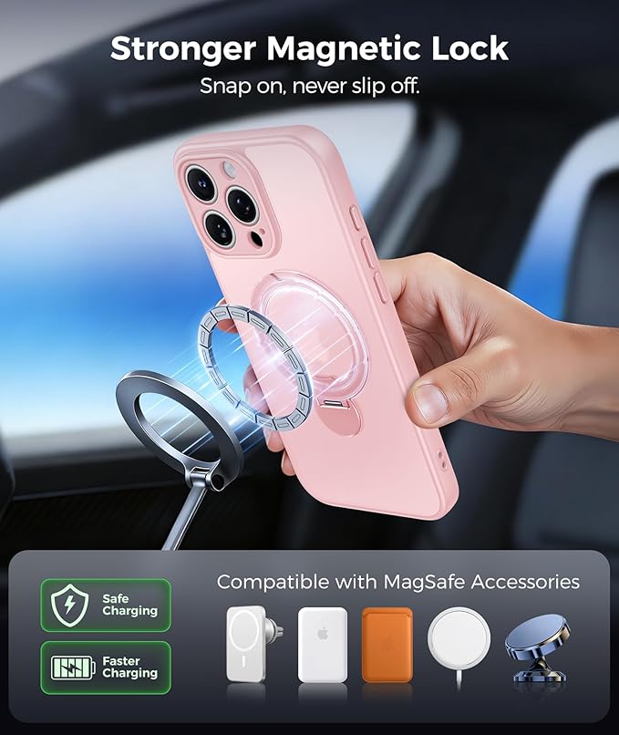 FNTCASE for iPhone 16 Pro-Max Case: [360 Spin Magnetic Stand] [Compatible with Magsafe] [Screen Protector] Translucent Matte Military Grade Shockproof Full Camera Protective Phone Cover - Pink