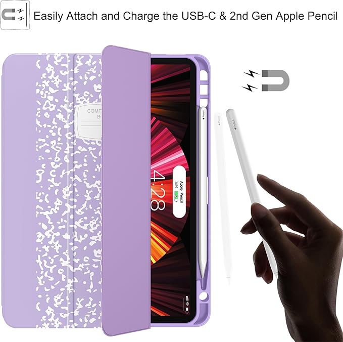 Soke for iPad Pro 11 Case (M2) 2022/2021/2020 with Pencil Holder - [Full Body Protection + Apple Pencil Charging + Auto Wake/Sleep], Soft TPU Back Cover for 2022 iPad Pro 11 inch(Book Lilac)