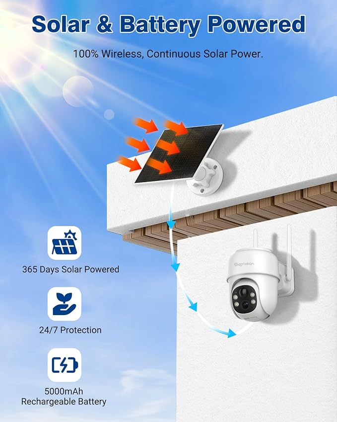 Septekon 360°PTZ Security Cameras Wireless Outdoor, Solar Battery Powered Cameras for Home Surveillance, 2K 2.4G WiFi Camera with Spotlight, Motion Detection, Siren, Color Night Vision, IP66, White