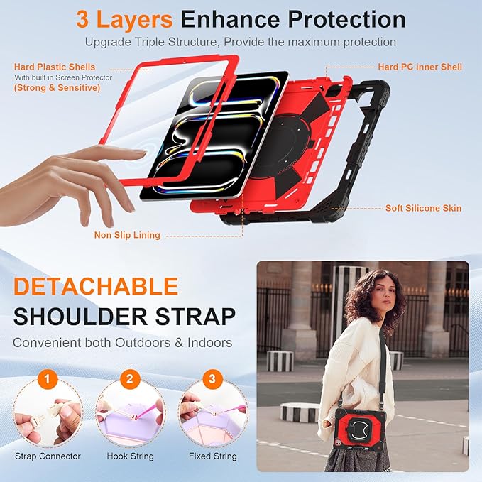 Case for iPad Pro 13 Inch M5 2025 / M4 2024, Auorld for iPad Pro 13 Inch M5 2025 with Screen Protector, 360 Degree Rotating Stand Shoulder Strap Pencil Holder, Black Red