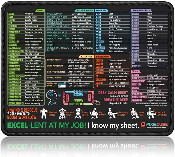 Pixiecube Excel Shortcut Mouse Pad with Windows, Word & PowerPoint Shortcuts - Small Excel Cheat Sheet Desk Pad | Non-Slip Stitched Gaming Mousepad | Large Mouse Pads for Desk Computers & Workstations