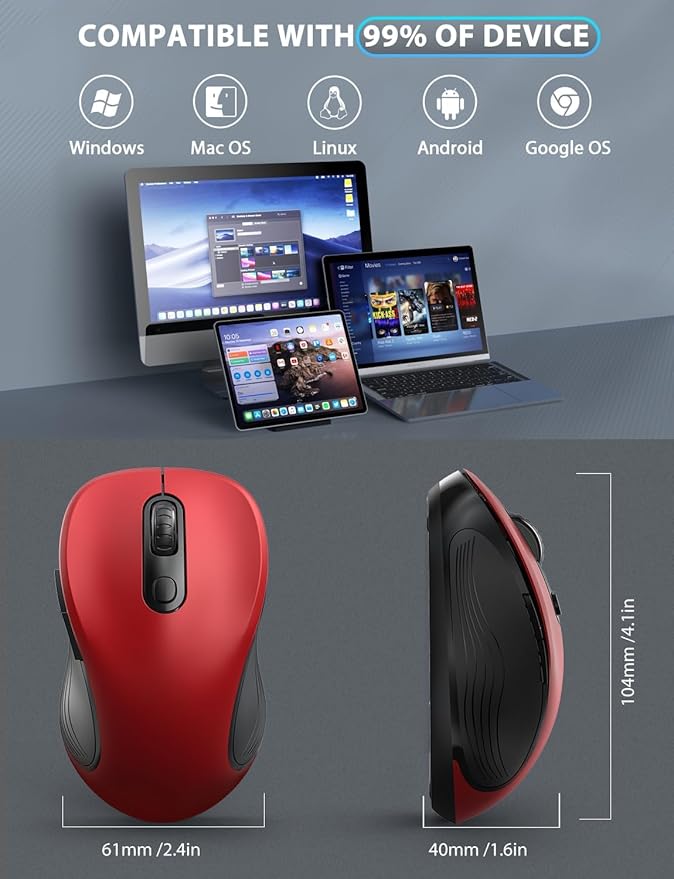 Trueque Wireless Mouse for Laptop, 2.4GHz Ergonomic Computer Mouse with Back & Forward Buttons, 3 Adjustable DPI Levels, 6 Buttons, Optical USB Cordless Mice for Windows PC, M01 (Red)