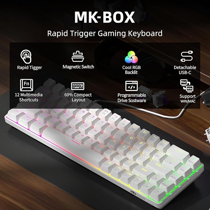 MageGee 60% Rapid Trigger Gaming Keyboard, Hall Effect Magnetic Switch, Actuation Point Adjustable, Hot Swappable RGB Backlit Wired Keyboard with Arrow Keys for Win/PC/MAC, White