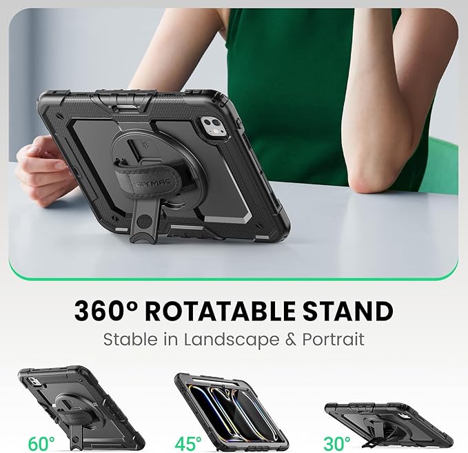 SEYMAC for iPad Pro 11 Inch Case M5 2025 / M4 2024, Heavy Duty Shockproof Protective Case with Screen Protector, 360° Rotating Stand, Hand/Shoulder Strap and Pen Holder, Black