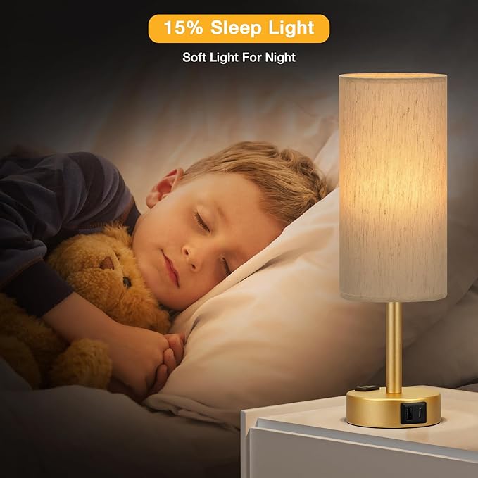PartageiZ Gold Touch Table Lamps Set - 3 Way Dimmable Bedroom Lamps with USB C and A Ports, Small Lamps for Nightstand with AC Outlet, Gold Base Round Flaxen Shade for Desk, Office, Dorm, Nursery