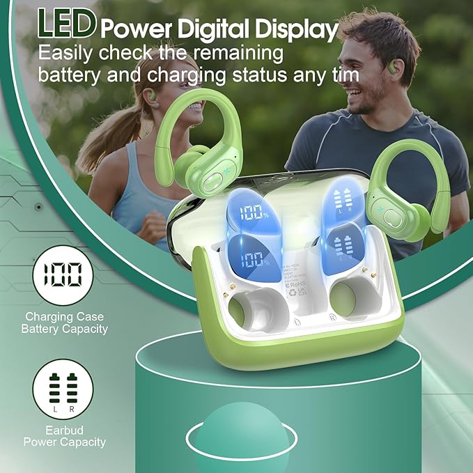 Wireless Earbuds 75hrs Bluetooth 5.4 Headphone Sport, 2026 Bluetooth Earbuds Stereo Deep Bass Over Ear Bud with Earhooks, ENC Noise Cancelling Mic, IPX7 Waterproof Earphone for Gym/Workout, Green