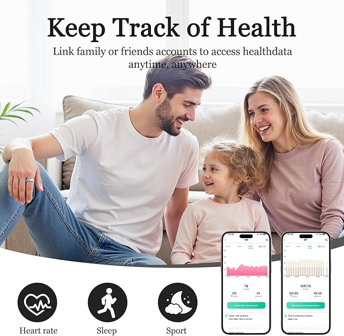 Smart Ring for Women Men, Health Tracker with Heart Rate/Blood Oxygen/Blood Pressure/Sleep Monitoring/Step Counting, IP68 Waterproof Fitness Ring, No App Fees for iPhone & Android (Blue, 6#)