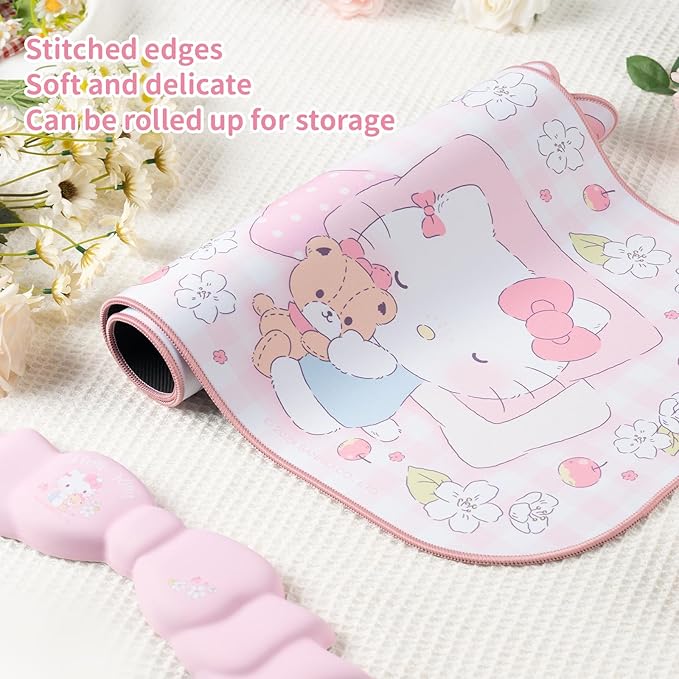 Kuitmor Kawaii Anime Mouse Pad Wrist Rest Support Set - Non-Slip Desk Mat and Memory Foam Bowknot Wrist Rest for Keyboard and Mouse,Perfect for Gaming or Home Office Work - FlowerCat