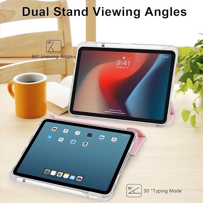 Case for iPad A16 11th Generation 11 Inch 2025, iPad 10th Generation 10.9 Inch 2022, Hybrid Protective Cover with Pencil Holder, Clear Transparent Back Shell Anti-Yellowing Case, Pink
