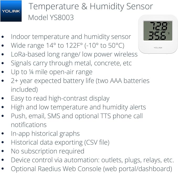 Smart Temperature Humidity Sensor Works w/Alexa IFTTT, 1/4 Mile Super Long Range Wireless Digital Hygrometer Indoor Thermometer Humidity Meter Temperature Humidity Monitor Sensor -YoLink Hub Required