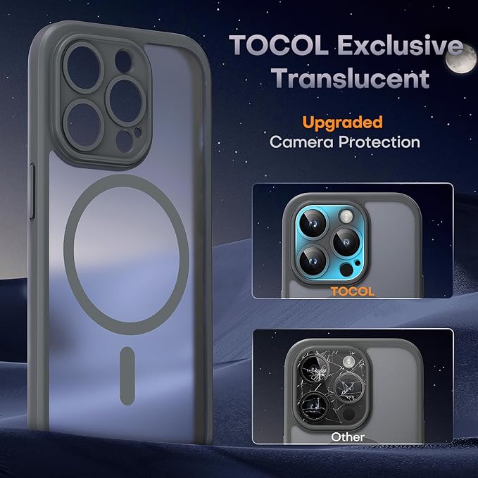 TOCOL Magnetic for iPhone 15 Pro Case, Upgraded Full Camera Protection, Compatible with Magsafe, Drop Protection, Translucent Matte Back Bumper Phone Cover 6.1-Inch (Gray)