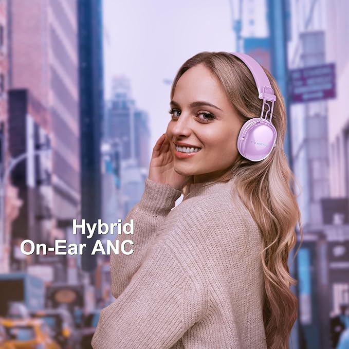 Wireless On-Ear Headphones, Active Noise Cancelling, Bluetooth 5.4, Hi-Res Sound, 55H Playtime, Lightweight and Comfortable, Foldable Design, for Home Office Travel, Purple