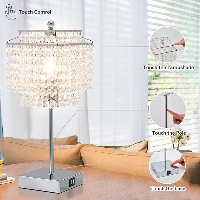 Luvkczc Crystal Table Lamp with Touch Control Set of 2, USB Bedside Table Lamp with USB C+A Ports, Dimmable Lamp with Crystal Shade for Bedroom, Living Room, 6W LED Bulb Included