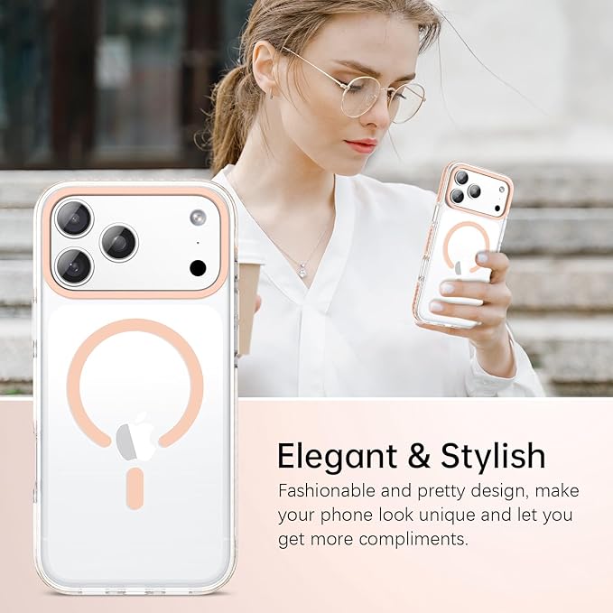 BENTOBEN Magnetic for iPhone 17 Pro Max Case 6.9", Compatible with Magsafe Shockproof Protective Bumper Cute Transparent Slim Anti-Yellowing Phone Case for iPhone 17 ProMax Cover, Clear Light Orange