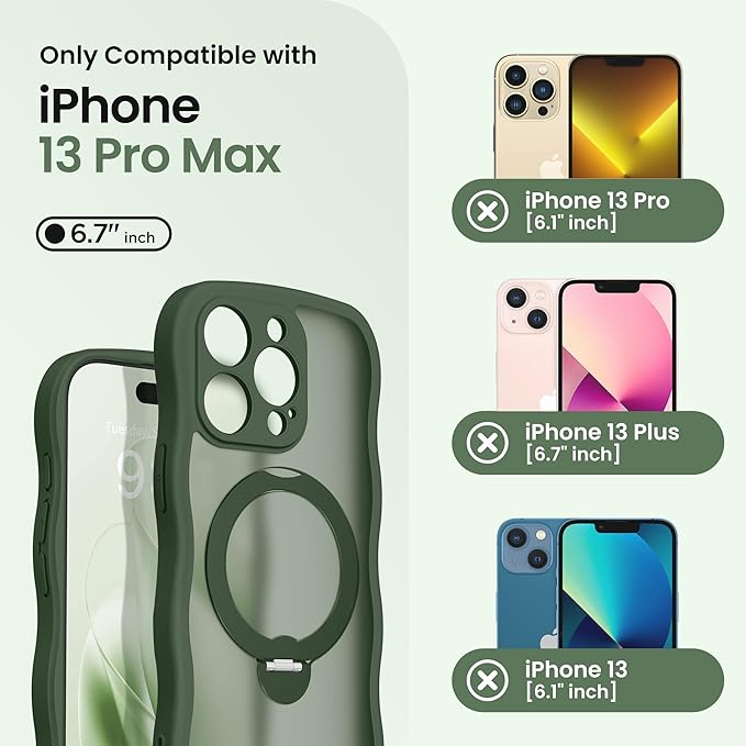 CAPRARO for iPhone 13 Pro Max Case with 360° Spin Magnetic Stand for Women, [Compatible with MagSafe] [Full Camera Protection] Cute Wave Translucent Matte Case for iPhone 13 Pro Max, Dark Green