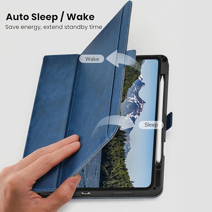 Handmade Case for iPad Pro 11 Inch (M5/M4) 2025/2024 with Pencil Holder Pocket,Magnetic Closure,Auto Sleep/Wake,Vegan Leather Folio Protective Cover,Multi Angles Stand,Dark Blue