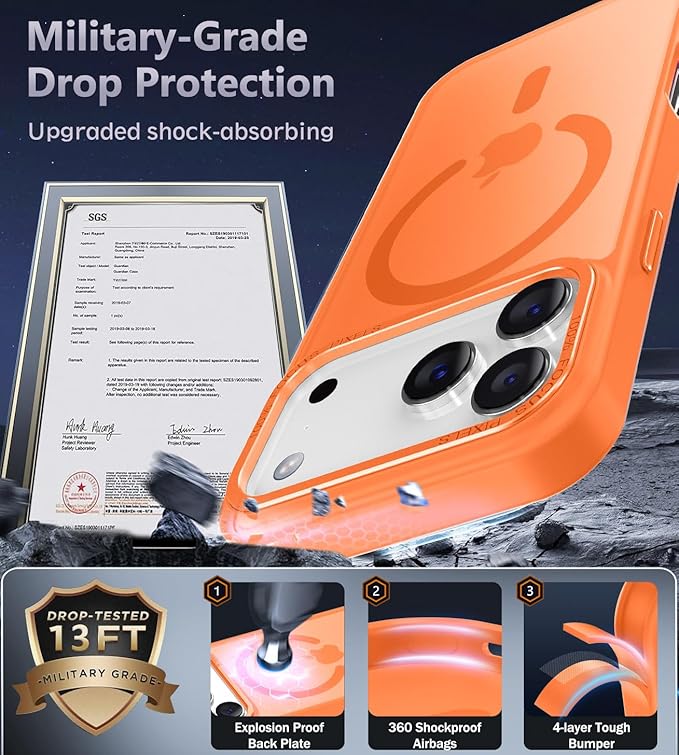 Newfuture Magnetic for iPhone 17 Pro Max Case [Compatible with Magsafe] [Military Grade Drop Protection] Translucent Matte Anti-Scratch Shockproof Protective Phone Cover 6.9 Inch, Orange
