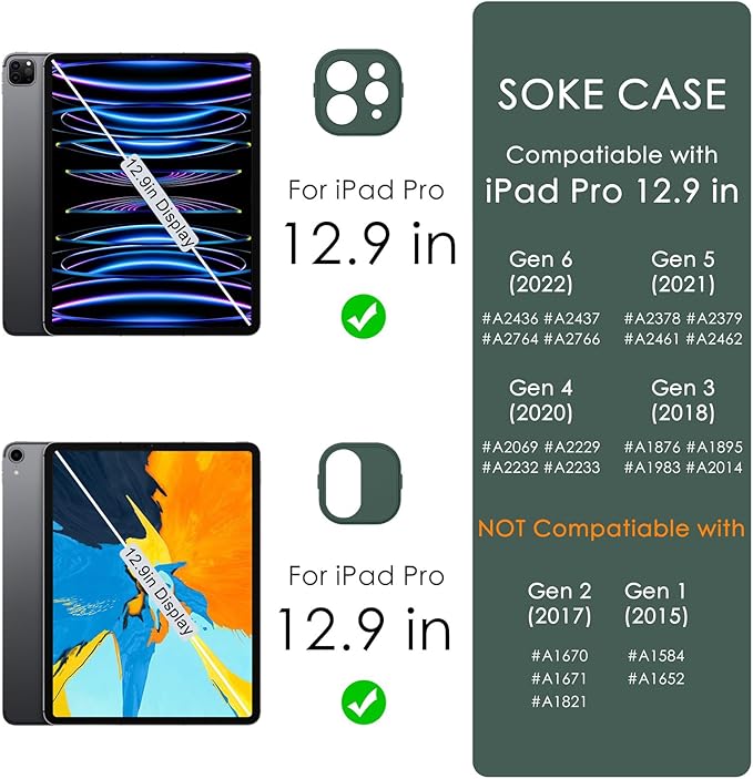 Soke Case for iPad Pro 12.9 Inch (6th/5th/4th/3rd Generation, 2022/2021/2020/2018) - Pencil Holder + Auto Sleep/Wake + Camera Protection, Transparent Shockproof Back Cover, Midnight Green