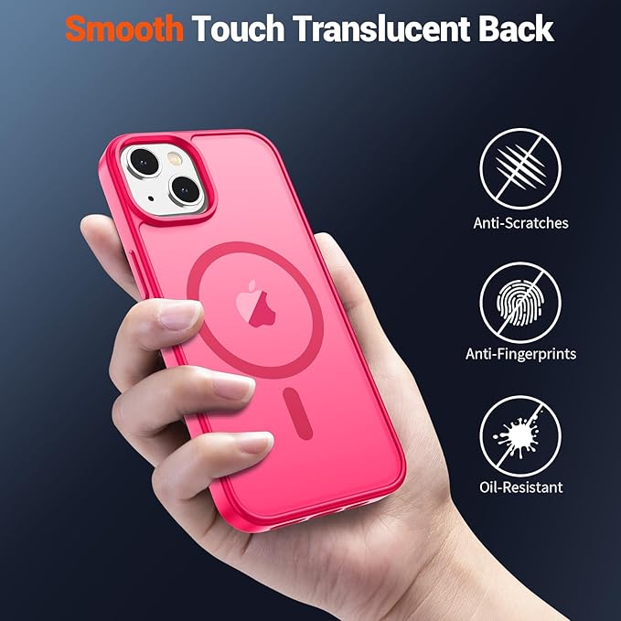 SUPFINE Magnetic for iPhone 15 Plus Case & iPhone 14 Plus Case(Compatible with MagSafe)(Military Grade Drop Protection) Slim Translucent Shockproof with Anti-Fingerprint Phone Case,Hot Pink