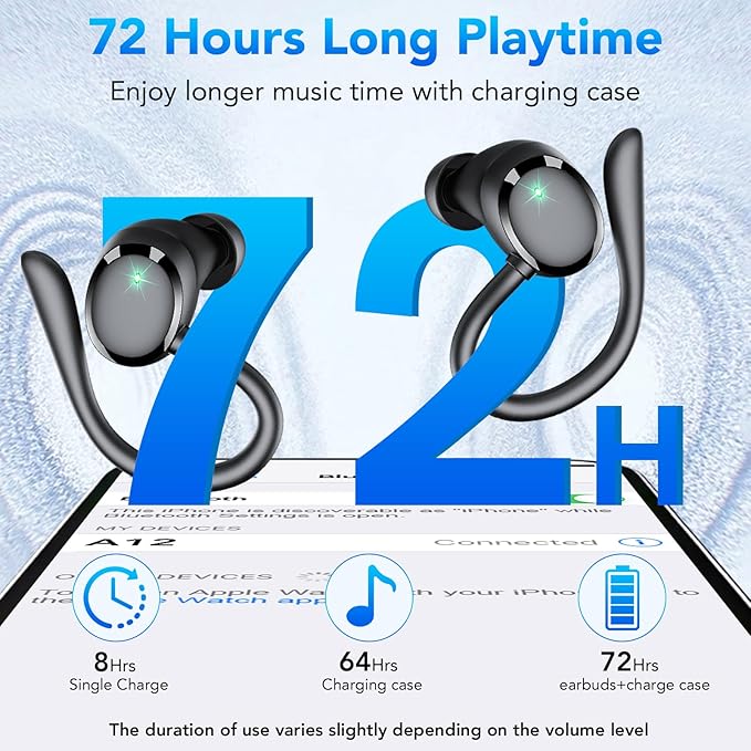 KT1 Bluetooth Headphones Wireless Earbuds 72hrs Playtime Wireless Charging Case Digital Display, Ear Buds with Earhook,IPX7 Waterproof, Deep Bass 2.0,Over-Ear Earphones for Sport Running, Black