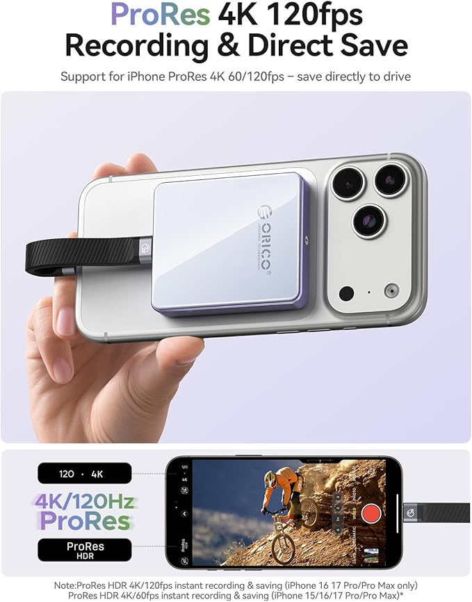 ORICO 10Gbps Magnetic M.2 NVMe SSD Enclosure with PD100W Charging Port 4K ProRes Recording Max 2TB for iPhone 17/16/15 Pro/Pro Max/Plus Support SSD Size 2230/2242 B+M M-Key Diskless AP42P (Blue)