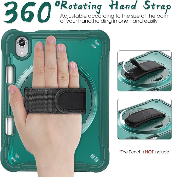 BRAECNstock Case for iPad mini 7 (A17 pro) 2024 & Mini 6 2021 8.3-inch,Shockproof Protective Cover with Pencil Holder,Screen Protector,360° Rotating Hand Strap/Stand-Midnight Green