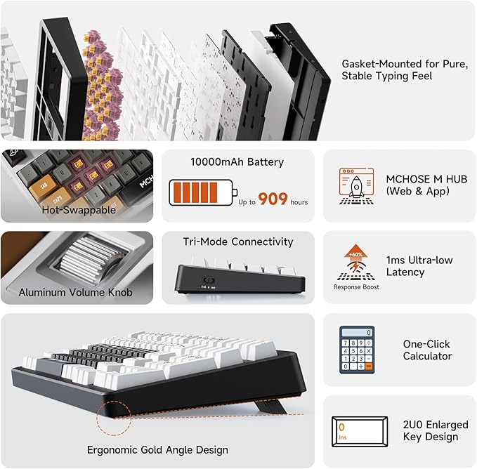 MCHOSE UT98 Wireless Mechanical Keyboard Compact Gaming Keyboard with Knob Tri-Mode Connection Hot Swappable Custom Creamy Keyboard Gasket Structure Pre-lubed Linear Switches RGB Classic ICY