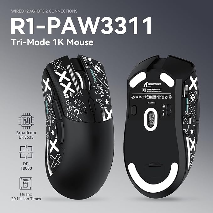 ATTACK SHARK X68 HE Wired Rapid Trigger Mechanical Gaming Keyboard and R1 Mouse with Adjustable Actuation,Coiled Cable,USB C/2.4Ghz Wireless/BT Ultralight 18K DPI Mice for Esport PC Gamer(Moonlight)