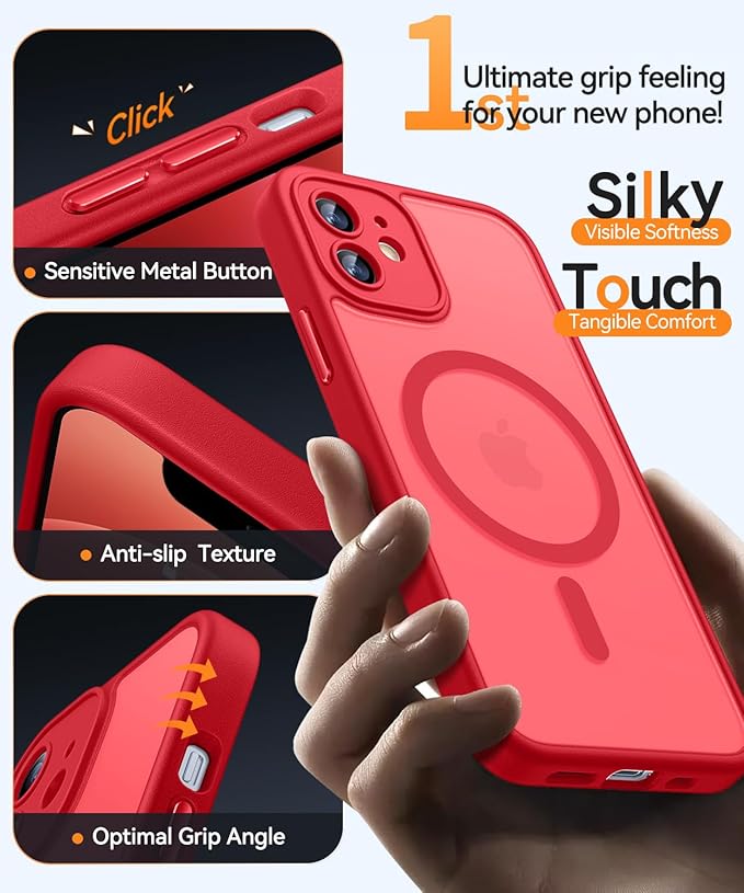 CANSHN Magnetic for iPhone 12 Mini Case, Upgraded [Full Camera Protection] [Compatible with Magsafe] [Translucent Matte] Shockproof Protective Phone Case for iPhone 12 Mini 5.4" - Red