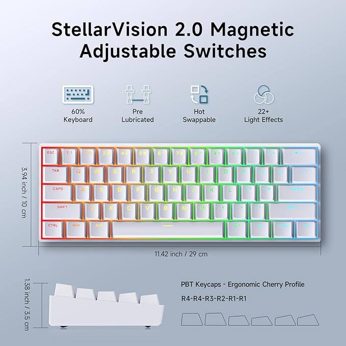 MCHOSE Ace 60 PRO Gaming Keyboard 60 Percent, Hall Effect Keyboard Wired, Magnetic Switch Keyboards Rapid Trigger, 8K Polling Rate, Adjustable Actuation Point, RGB Lighting, HotSwap, White