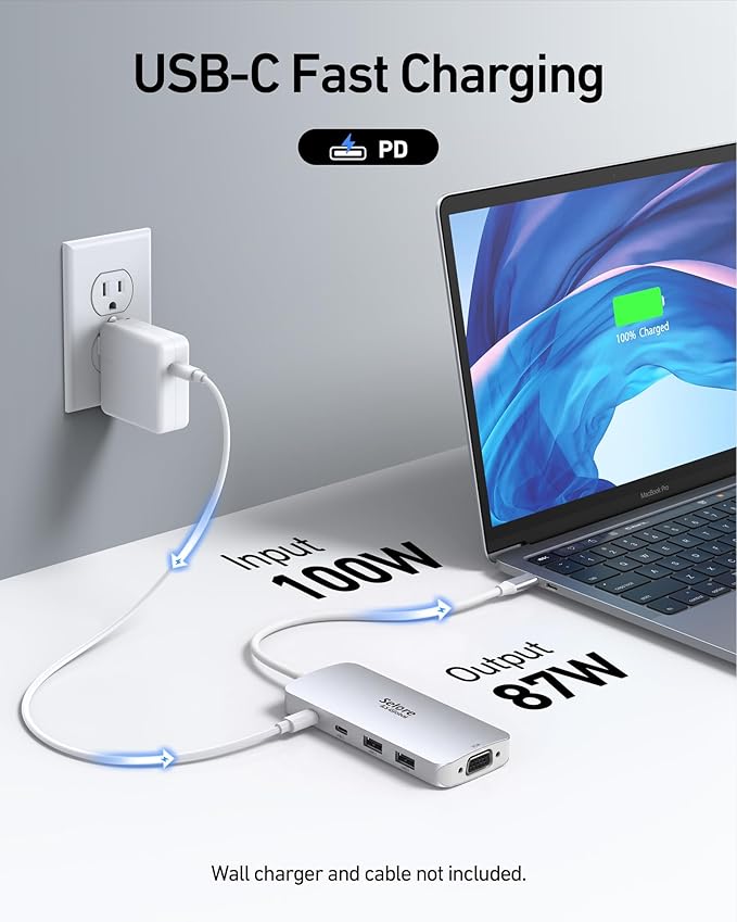 USB C Docking Station Dual HDMI Monitor Adapter, Selore USB C Hub 3 Monitors with Dual HDMI, Displayport, VGA, 100W PD Charging, 3USB 2.0 Ports Adapter for Dell XPS,HP, Lenovo,etc(Silver)