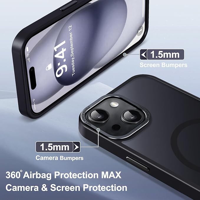 Newfuture Magnetic for iPhone 15 Case [Compatible with Magsafe] [Military Grade Drop Protection] Translucent Matte Anti-Fingerprint Shockproof Phone Case for iPhone 15 6.1 inch, Black