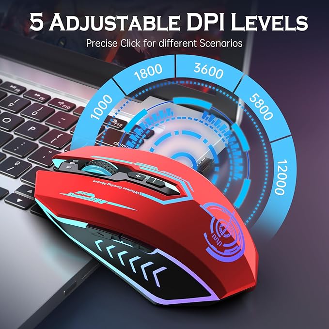 UHURU Gaming Mouse, Wireless Gaming Mouse with 7 Buttons 7 Changeable LED Color up to 12000 DPI, Rechargeable USB Gamer Mouse for PC Laptop (Red)