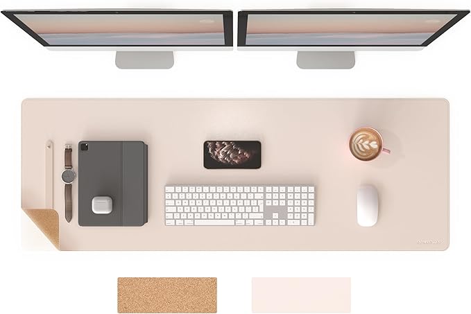 RENMTURE Dual-Sided Mouse Pad, Natural Cork & PU Leather Large Desk Pad for Office and Home Work, Desk Protector Non-Slip, Waterproof, Easy Clean (Apricot,47"x17")