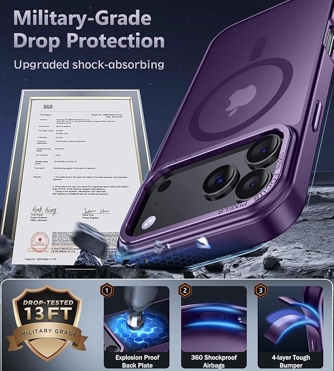 Newfuture Strong Magnetic Compatible with iPhone 17 Pro Case [13 FT Military Drop Protection] [Compatible with Magsafe] Slim Translucent Matte Shockproof with Anti-Fingerprint Phone Case, Dark Purple