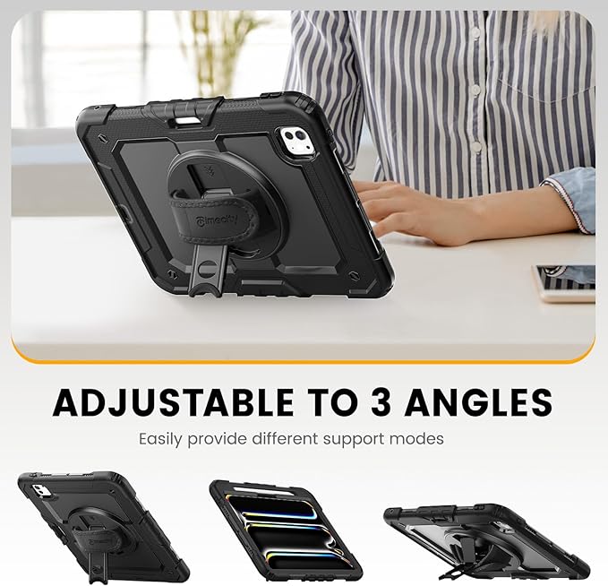 timecity Case for iPad Pro 11 Inch M5 2025 / M4 2024, 360° Rotating Stand, Pencil Holder & Wireless Charging, Shockproof with Screen Protector & Shoulder Strap -for Designers & Professionals,Black