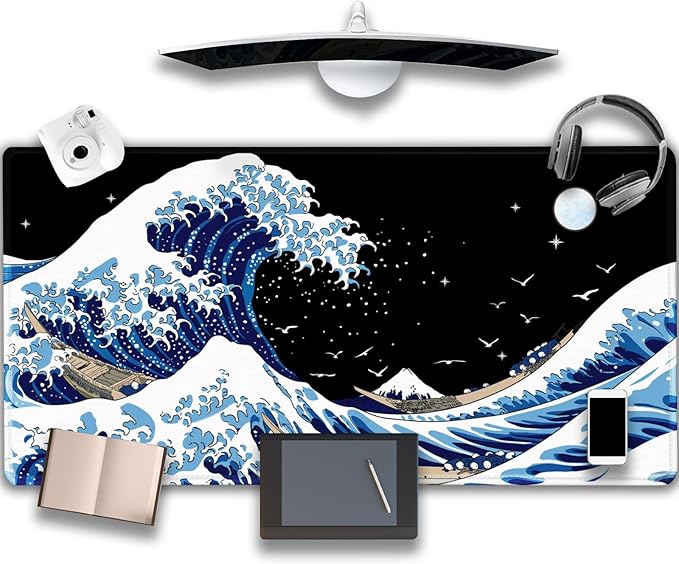 Gaming Laptop Mouse Pad,Sea Wave Big Mice Pads PC Keyboard Waterproof and Non-Slip 47.2" x 23.6" 0.15" Thick XL,XXL Rubber Table Mat, Kanagawa Surfing and Black Japanese Mouse Pads