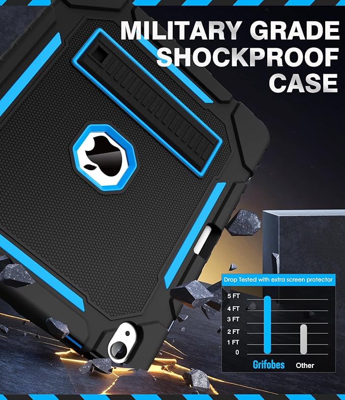 Grifobes Case for iPad Air 13-inch (M4/M3/M2) 2026/2025/2024, Heavy Duty Shockproof Rugged Protective Cover with Pencil Holder/Built-in Stand for i Pad Air 13" (Black+Blue)