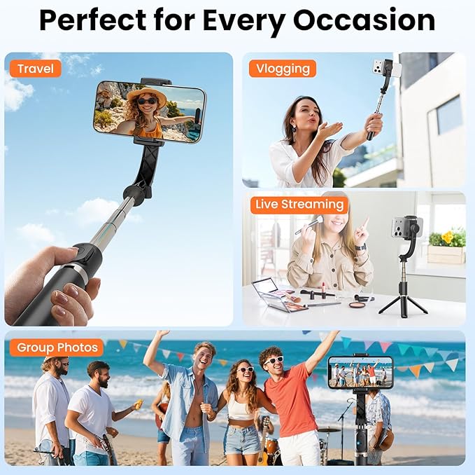 Smartphone Gimbal Stabilizer, 1-Axis Auto Balance & 360° Rotation, Extendable Aluminum Selfie Stick Tripod with Remote Control for iPhone & Android,Travel, Vlogging, TikTok, YouTube