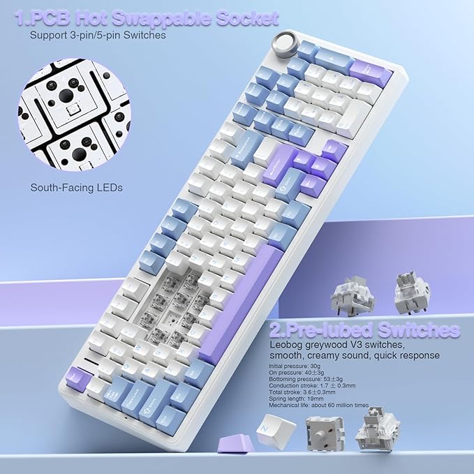 AULA F99 Pro Wireless Mechanical Keyboard with Knob,Creamy Sound,Tri-Mode BT5.0/USB-C/2.4GHz Hot Swappable Keyboard,Gasket Structure,RGB Backlit Computer Gaming Keyboards
