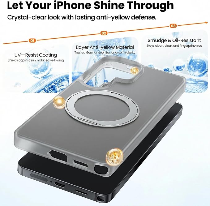 360°Ring Stand for Samsung Galaxy S26 Ultra Case with 1X Screen Protector +1X Camera Cover,Fit for MagSafe, Translucent Matte Cover & Scratch-Resistant Back Cover for Galaxy S26 Ultra 6.9", Gray