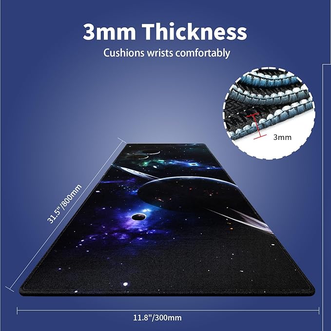 Extra Large Gaming & Office Mouse Pad (31.5" x 11.8") – Space Planets Navy Blue Galaxy, Premium Anti-Slip XXL Desk Mat with Durable Stitched Edges