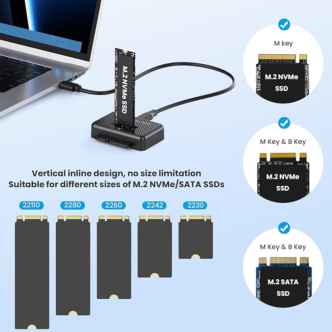 M2 NVMe SATA SSD Enclosure Hard Drive Reader USB 3.2 Gen 2 10Gbps External SSD Reader for 2.5" HDD SSD M.2 NVMe SATA (M Key&M+B Key),Support Sizes 2230 2242 2260 2280 22110