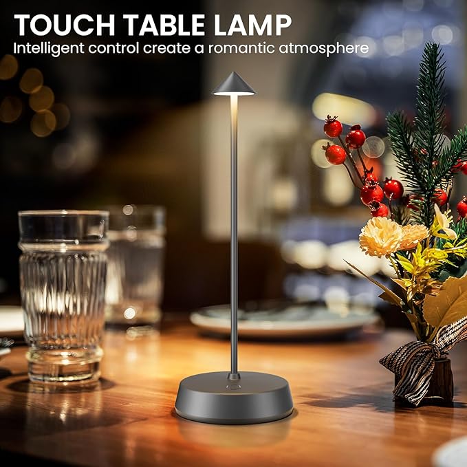 Rechargeable Cordless Small Table Lamp,6000mAh Battery Operated,LED Touch Dimmable Modern TableTop,Portable Outdoor Bedside Night Light for Restaurant/Dining/Bedroom/Living Room/Coffee(Grey-2PC)