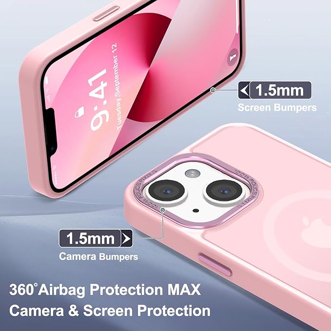 Newfuture Designed for iPhone 13 Case & iPhone 14 Case with Magnetic [13 FT Military Drop Protection] [Compatible with Magsafe] Translucent Shockproof with Anti-Fingerprint Phone Case, Tender Pink